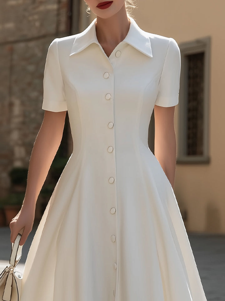 Muse & Valeur | Pointed Collar Short-Sleeve Button-Down A-Line Midi Dress