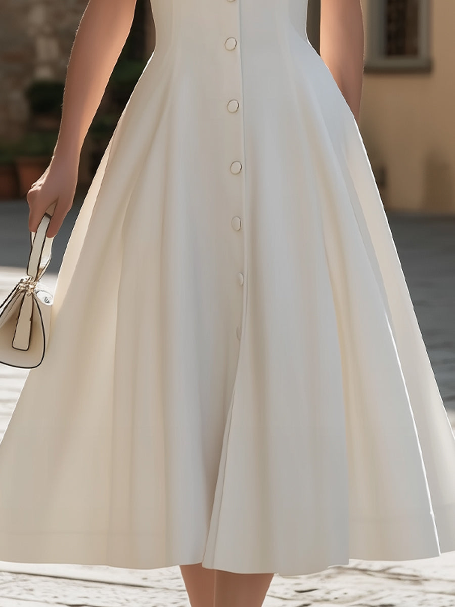 Muse & Valeur | Pointed Collar Short-Sleeve Button-Down A-Line Midi Dress