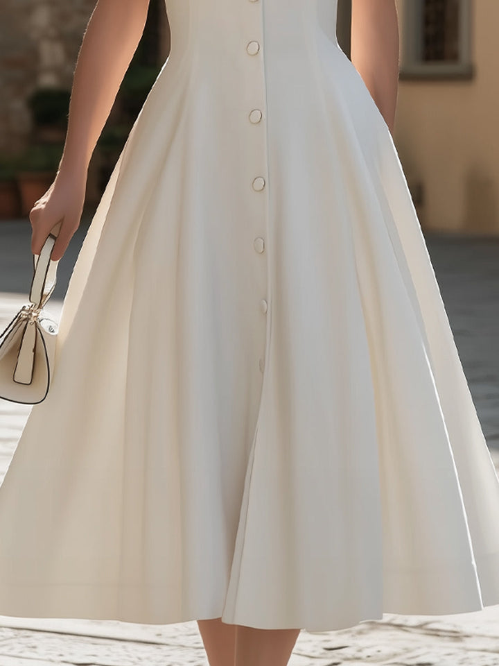 Muse & Valeur | Pointed Collar Short-Sleeve Button-Down A-Line Midi Dress