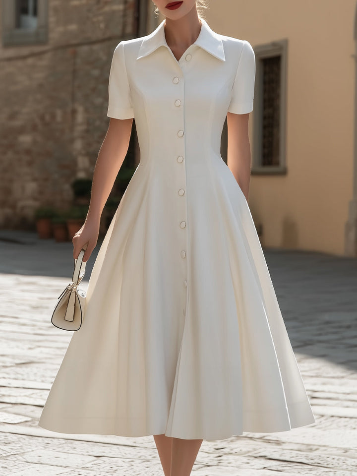 Muse & Valeur | Pointed Collar Short-Sleeve Button-Down A-Line Midi Dress