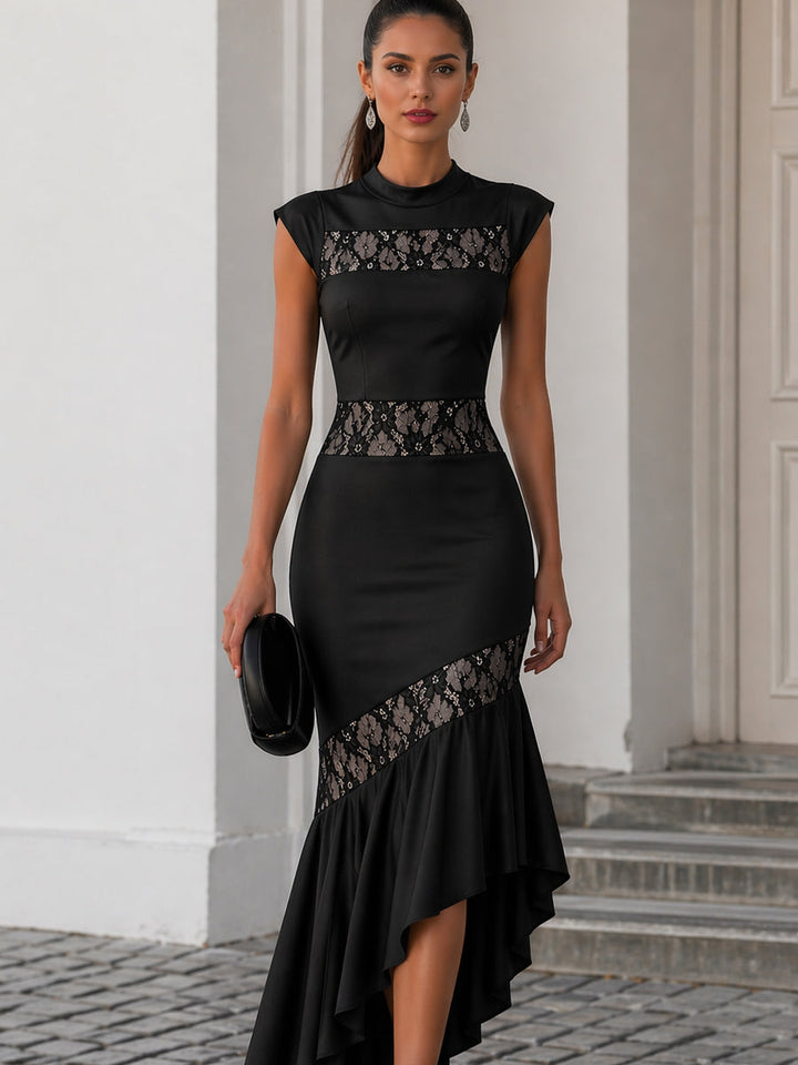 Muse & Valeur | High-Neck Lace Panel Asymmetric Ruffle Maxi Dress