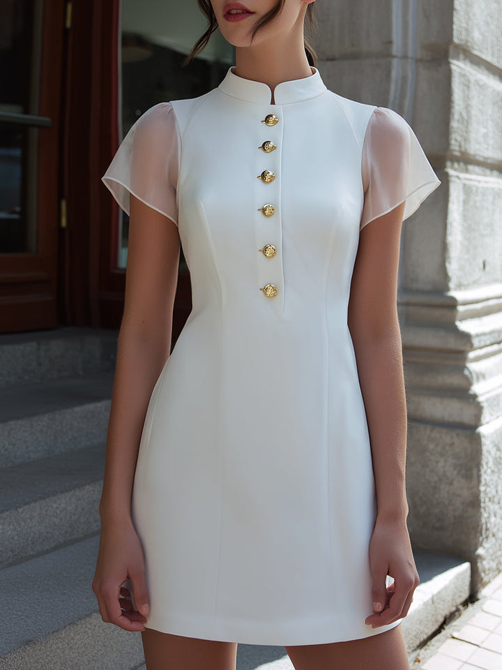 Muse & Valeur | Stand Collar Button-Front Sheer Sleeve Mini Dress