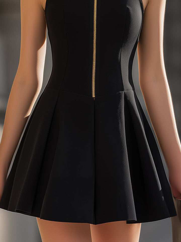 Muse & Valeur | Stand-Up Collar Gold-Zip Sleeveless Fit-and-Flare Mini Dress