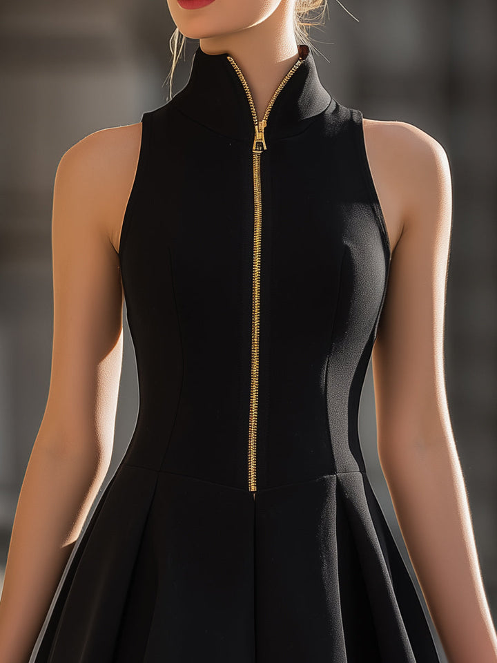 Muse & Valeur | Stand-Up Collar Gold-Zip Sleeveless Fit-and-Flare Mini Dress