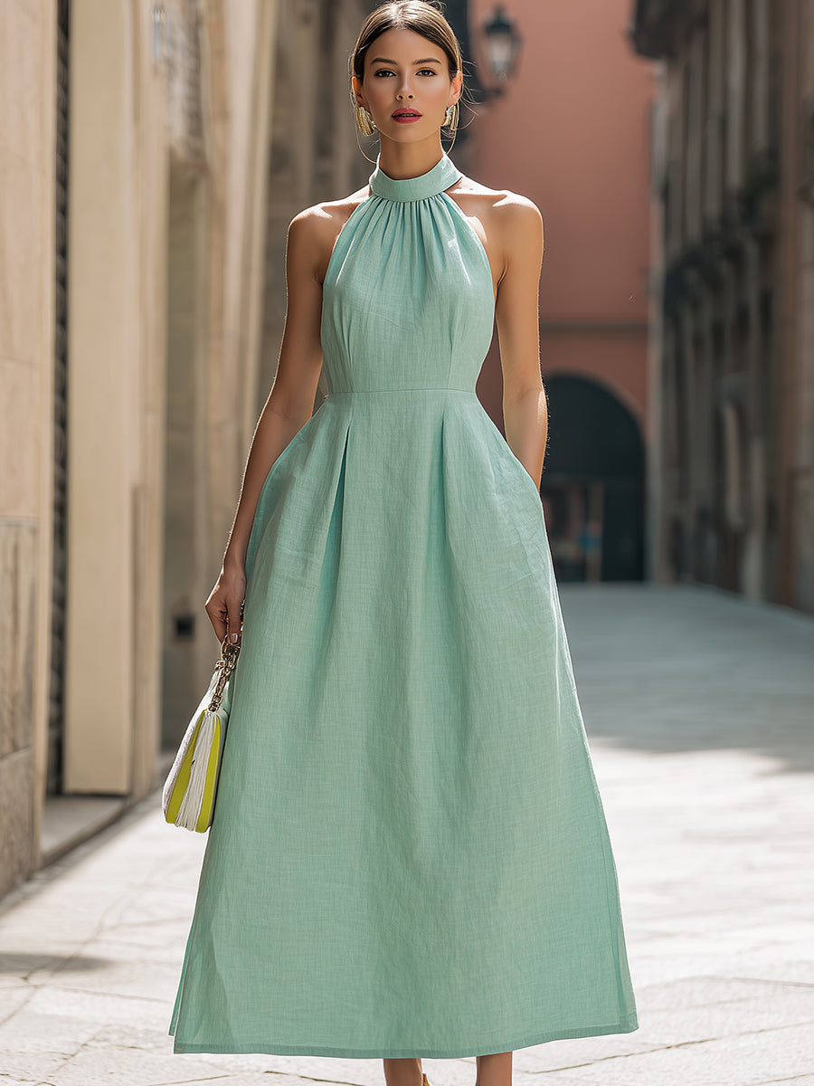Muse & Valeur | Mint Green Halter Neck Pleated Maxi Dress With Pockets