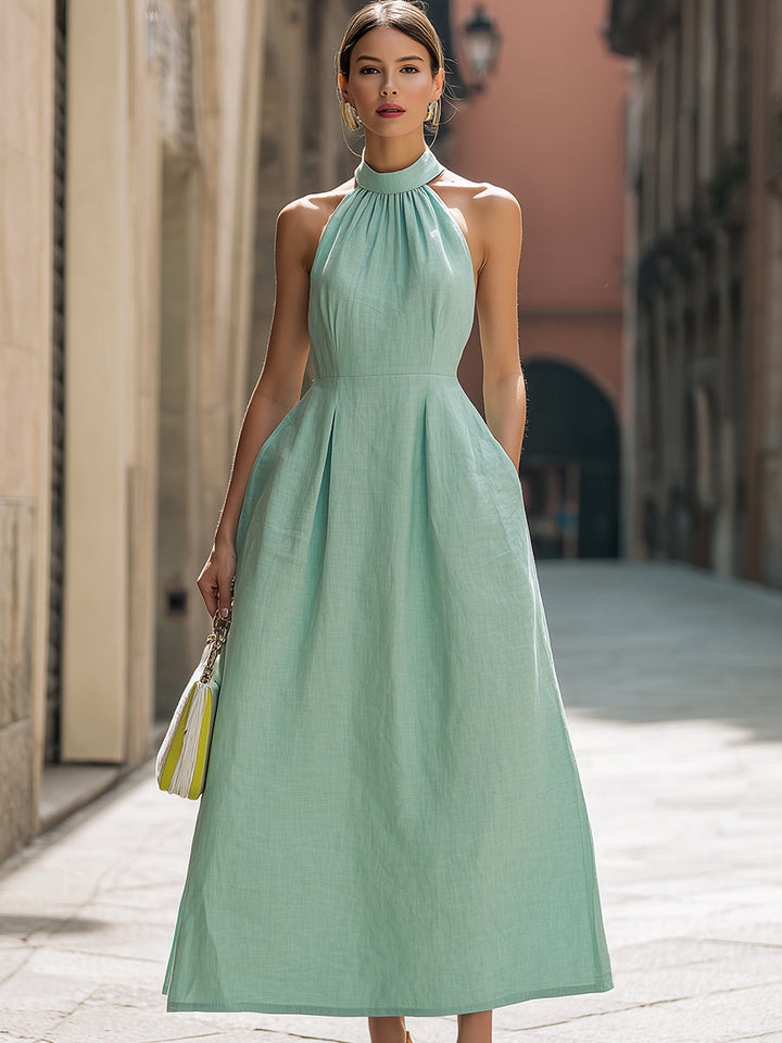 Muse & Valeur | Mint Green Halter Neck Pleated Maxi Dress With Pockets