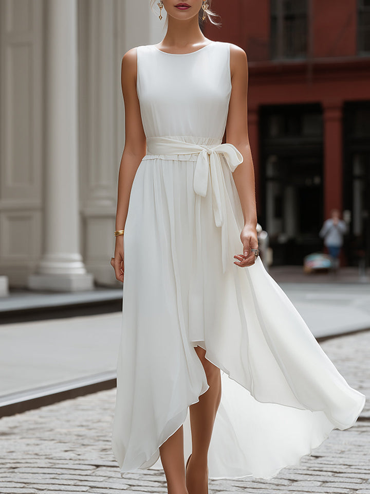 Muse & Valeur | Sleeveless Round Neck Tie-Waist Asymmetric Hem Flowing Midi Dress