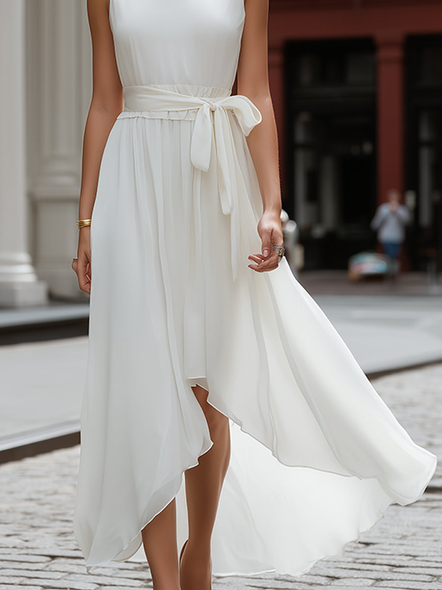 Muse & Valeur | Sleeveless Round Neck Tie-Waist Asymmetric Hem Flowing Midi Dress