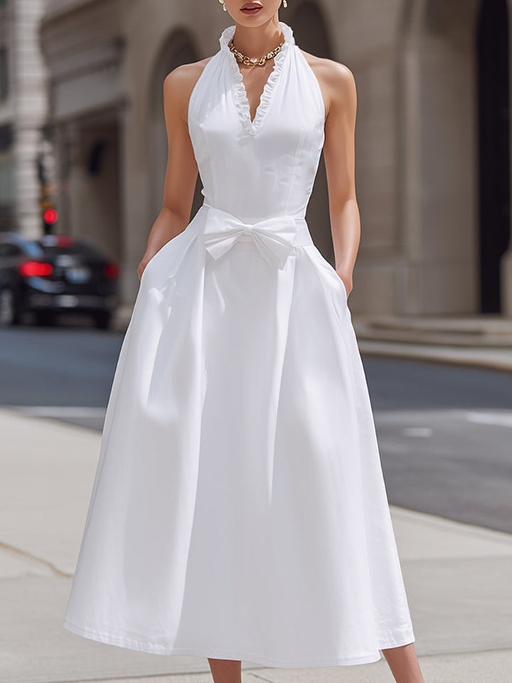 Muse & Valeur | Halter Ruffle Neck Bow Waist Sleeveless A-Line Maxi Dress