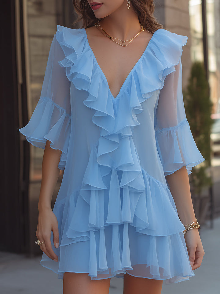 Muse & Valeur | Layered Ruffle V-Neck Chiffon Mini Dress