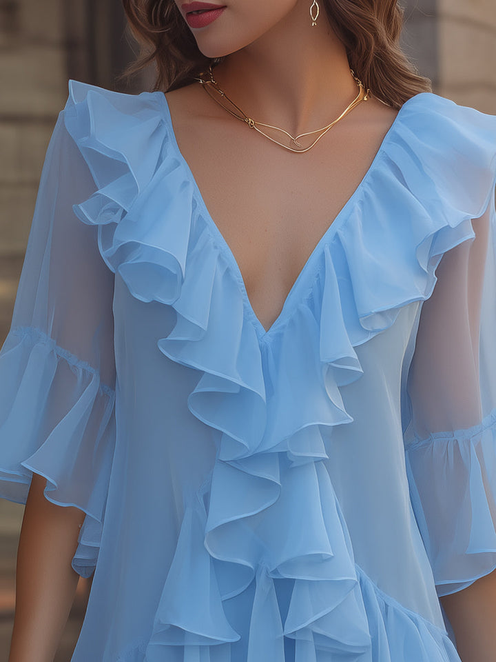 Muse & Valeur | Layered Ruffle V-Neck Chiffon Mini Dress