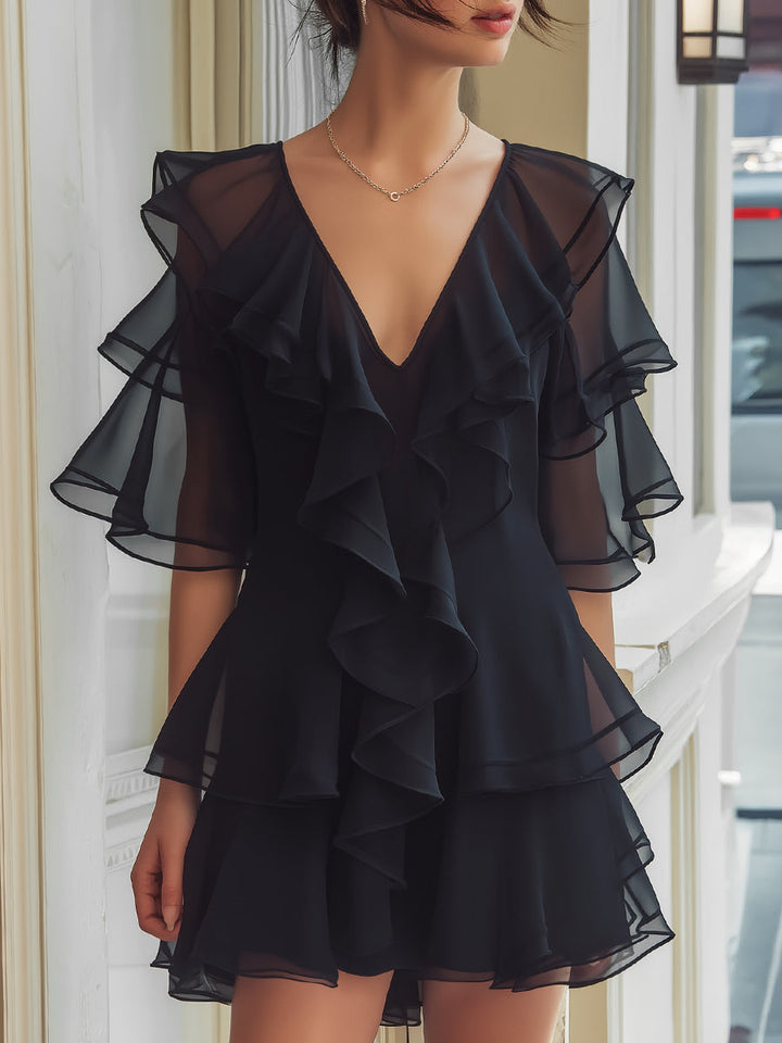 Muse & Valeur | Layered Ruffle V-Neck Chiffon Mini Dress