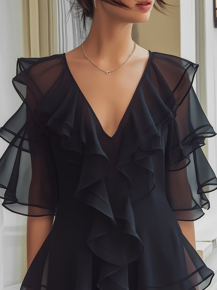 Muse & Valeur | Layered Ruffle V-Neck Chiffon Mini Dress