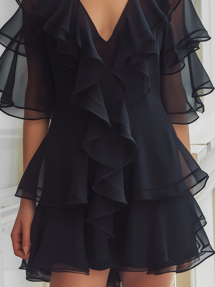 Muse & Valeur | Layered Ruffle V-Neck Chiffon Mini Dress