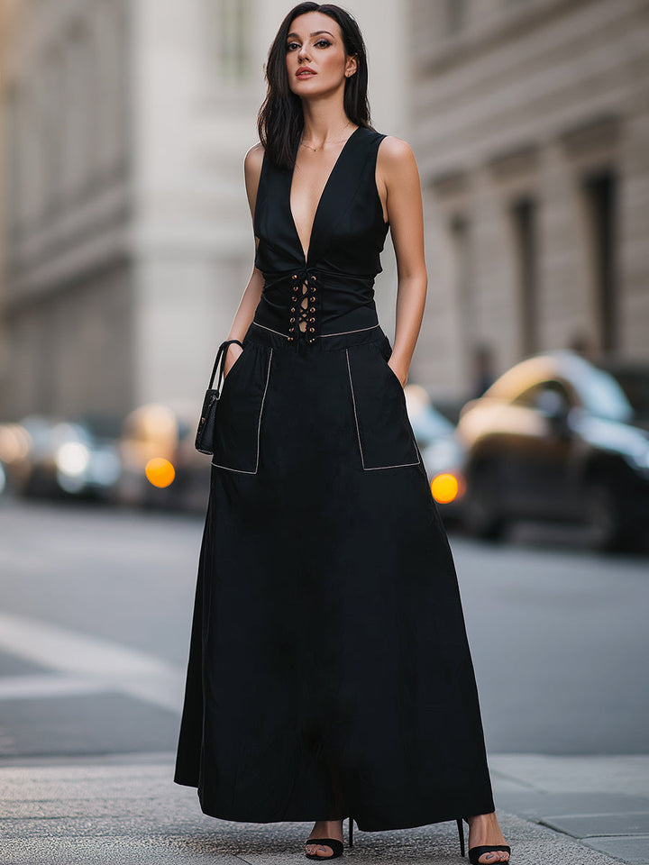 Muse & Valeur | Deep V Lace-Up Corset Waist Sleeveless Maxi Dress