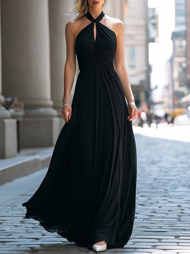 Muse & Valeur | Halter Neck Ruched Bodice Flowing Maxi Evening Dress