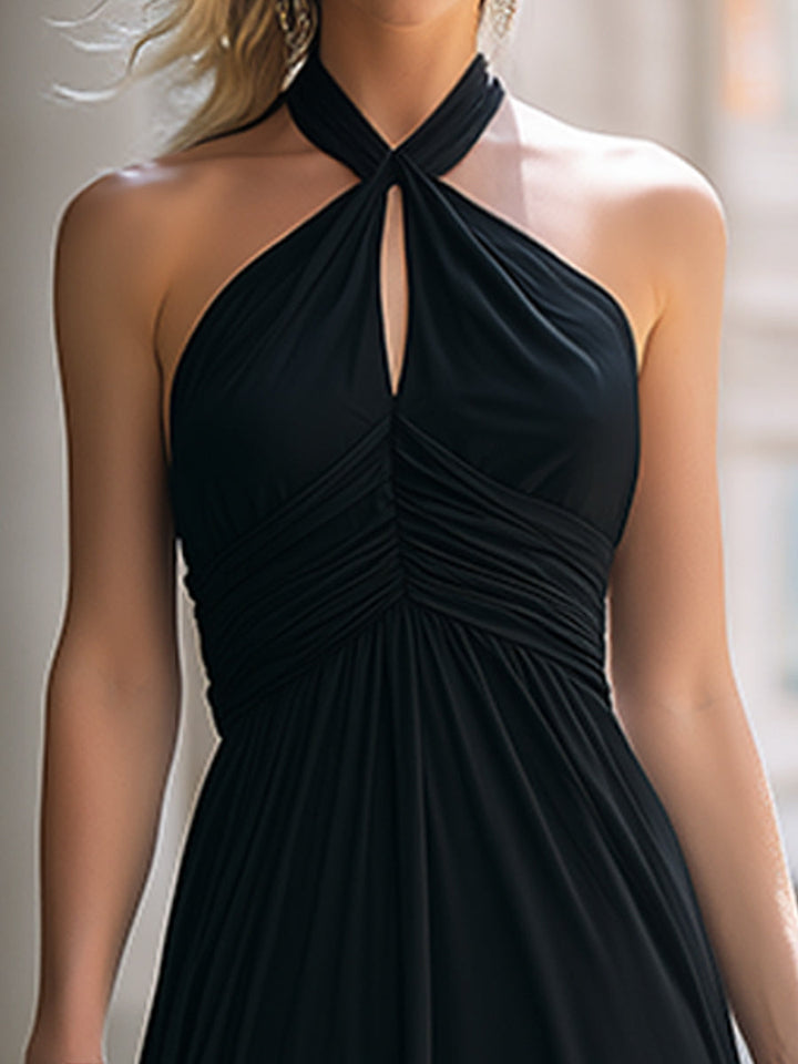 Muse & Valeur | Halter Neck Ruched Bodice Flowing Maxi Evening Dress