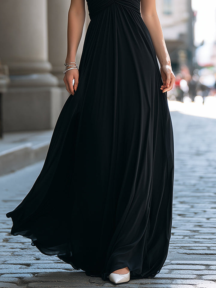 Muse & Valeur | Halter Neck Ruched Bodice Flowing Maxi Evening Dress