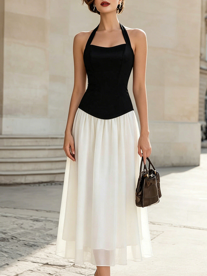 Muse & Valeur | Black & White Halter Neck Midi Dress