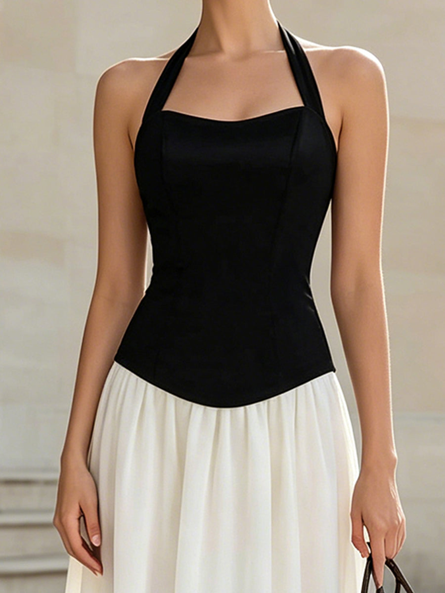 Muse & Valeur | Black & White Halter Neck Midi Dress