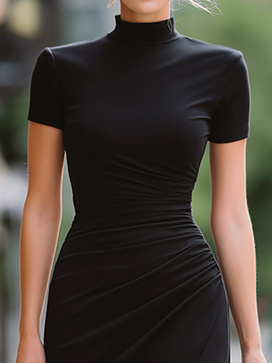 Muse & Valeur | High Neck Ruched Waist Side Slit Bodycon Midi Dress