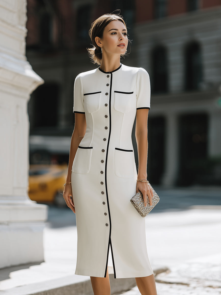 Muse & Valeur | Contrast Trim Button-Front Tailored Midi Dress