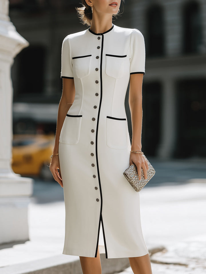 Muse & Valeur | Contrast Trim Button-Front Tailored Midi Dress
