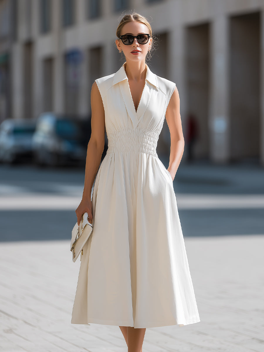 Muse & Valeur | Sleeveless V-Neck Smocked Waist Midi Dress