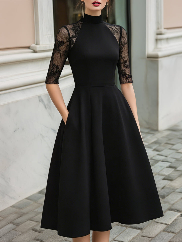 Muse & Valeur | Lace Sleeve High Neck Fit-and-Flare Midi Dress