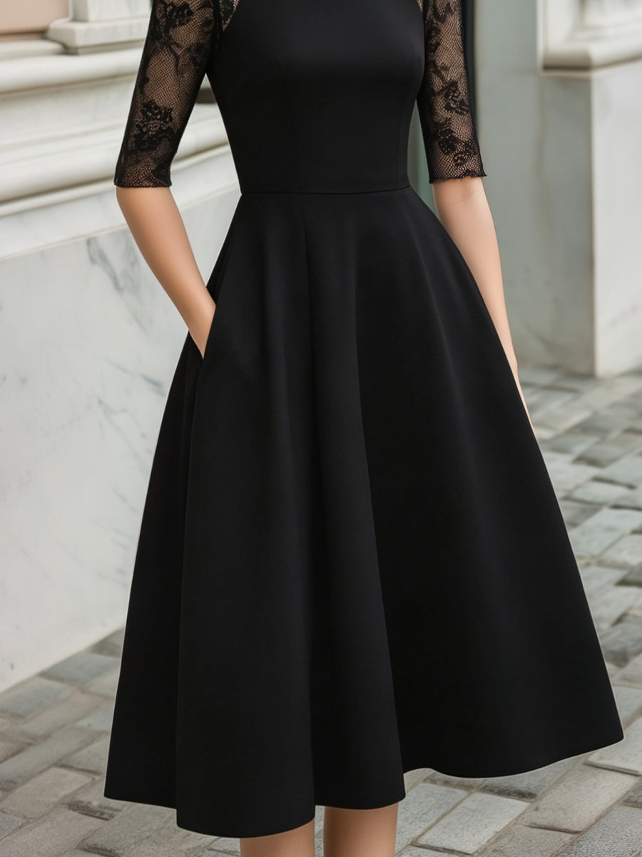 Muse & Valeur | Lace Sleeve High Neck Fit-and-Flare Midi Dress