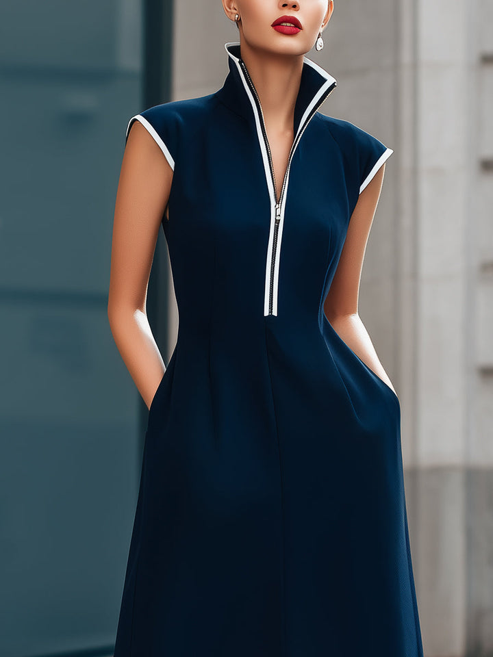 Muse & Valeur | Zip-Front Stand Collar Sleeveless A-Line Maxi Dress