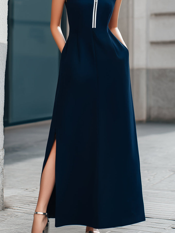 Muse & Valeur | Zip-Front Stand Collar Sleeveless A-Line Maxi Dress