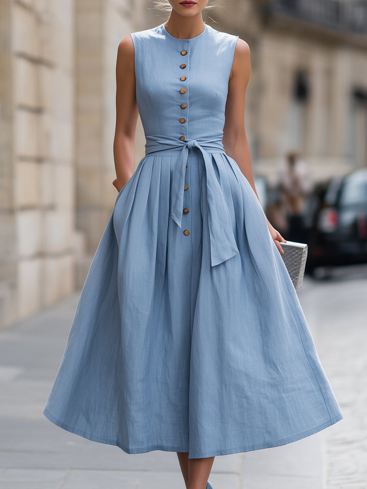 Muse & Valeur | Sleeveless Button-Front Tie Waist Midi Dress