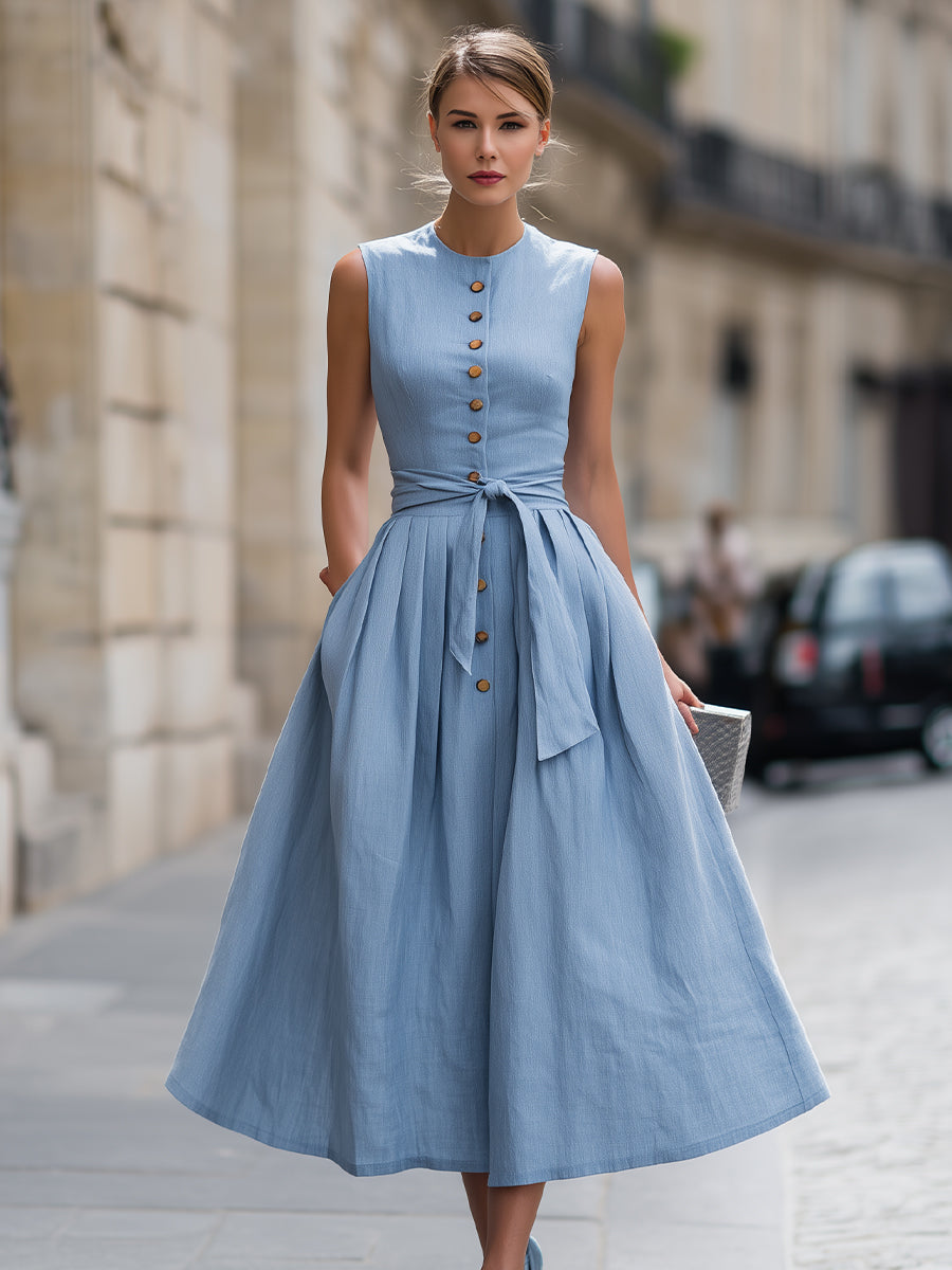 Muse & Valeur | Sleeveless Button-Front Tie Waist Midi Dress