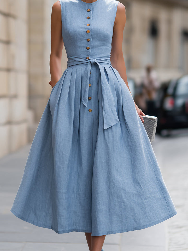 Muse & Valeur | Sleeveless Button-Front Tie Waist Midi Dress