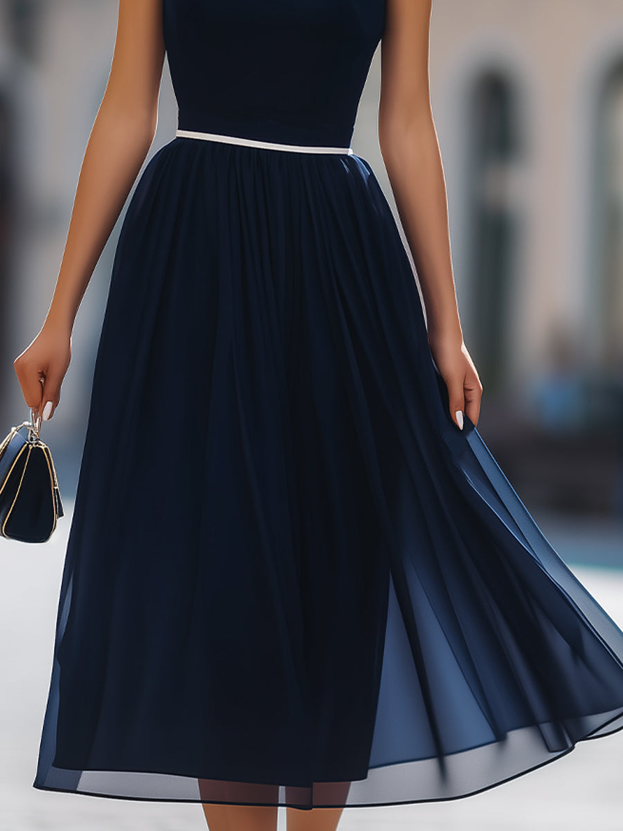 Muse & Valeur | Navy Sleeveless White-Trimmed Skirt Midi Dress