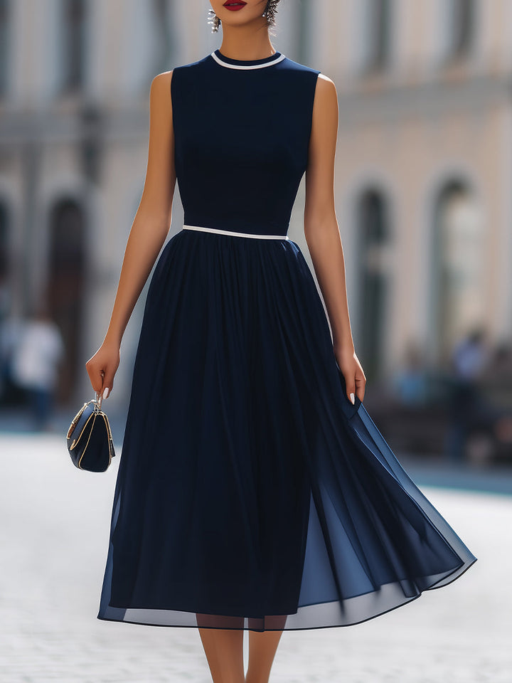 Muse & Valeur | Navy Sleeveless White-Trimmed Skirt Midi Dress