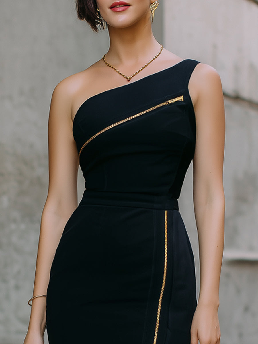 Muse & Valeur | One-Shoulder Zip-Detail Structured Midi Dress