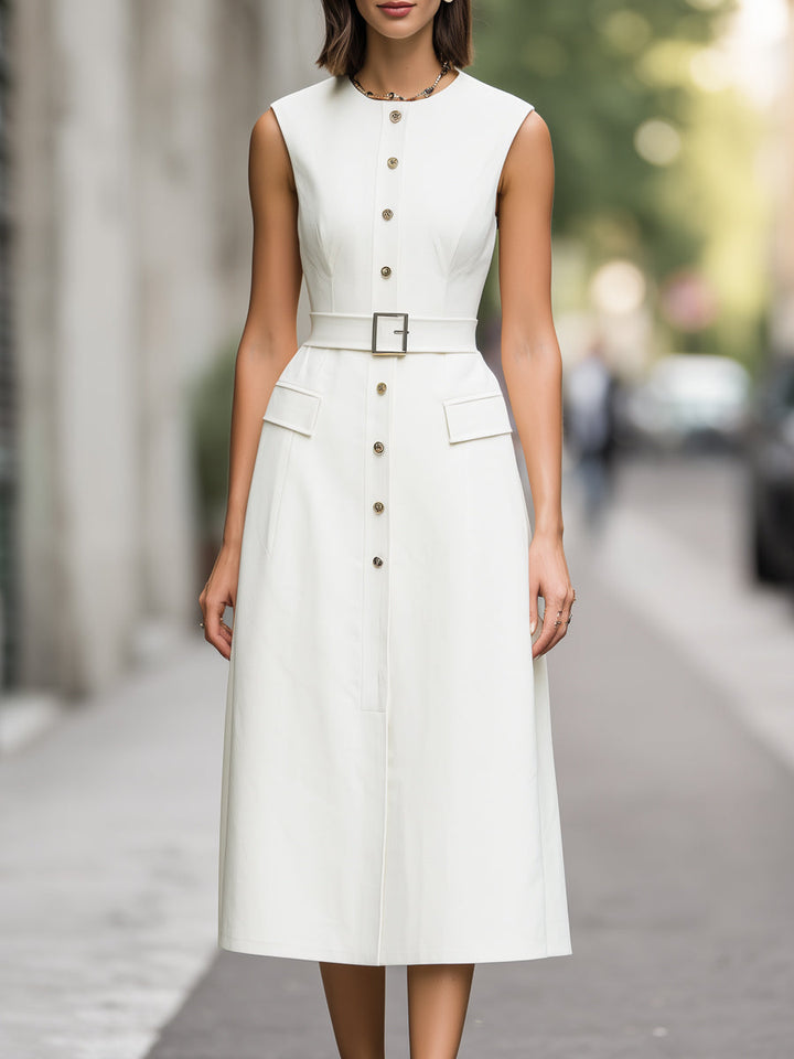 Muse & Valeur | Sleeveless Button-Front Belted A-Line Midi Dress
