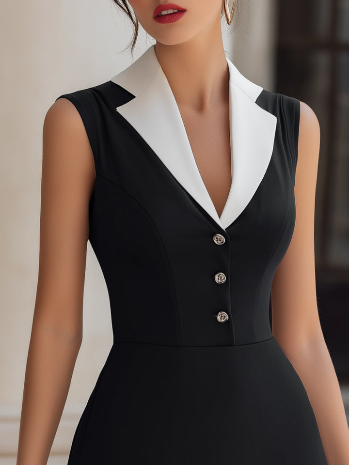 Muse & Valeur | Contrast Lapel Button-Front Dress With Ruffled Hem