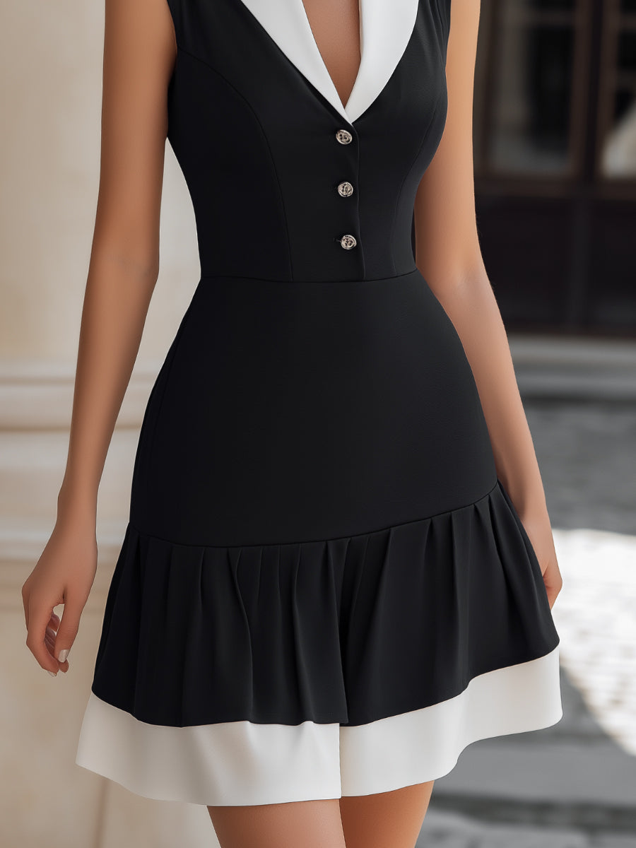 Muse & Valeur | Contrast Lapel Button-Front Dress With Ruffled Hem