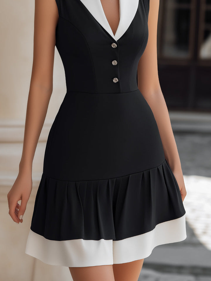 Muse & Valeur | Contrast Lapel Button-Front Dress With Ruffled Hem