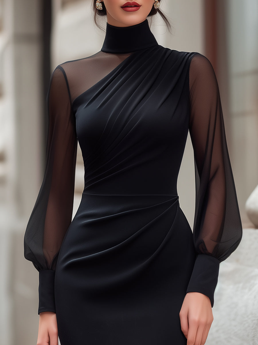 Muse & Valeur | High-Neck Sheer Sleeve Draped Bodycon Dress