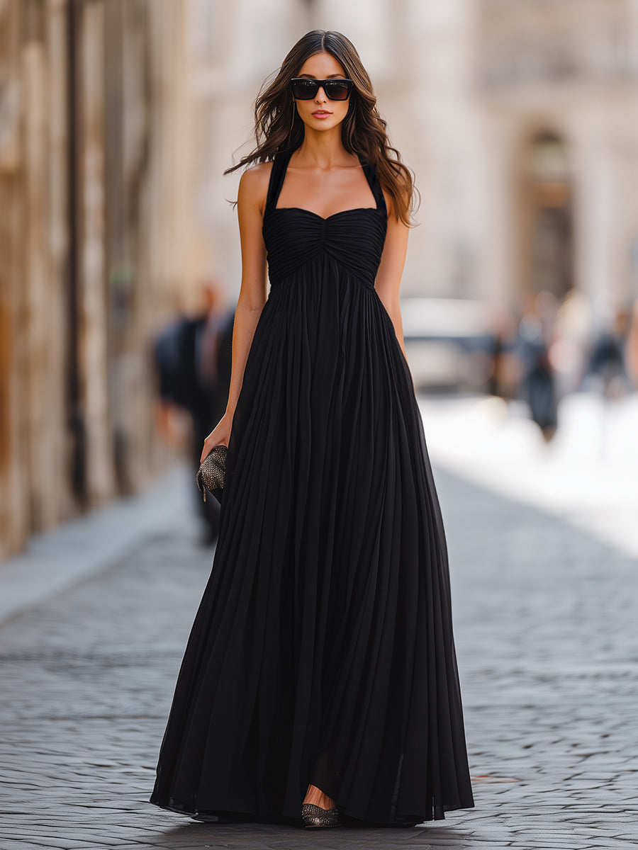 Muse & Valeur | Ruched Bodice Halter Neck Maxi Dress With Flowing A-Line Silhouette