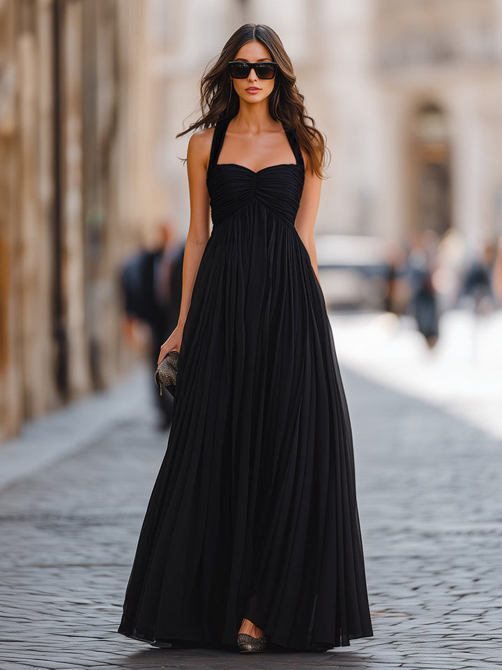 Muse & Valeur | Ruched Bodice Halter Neck Maxi Dress With Flowing A-Line Silhouette