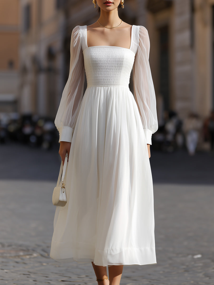 Muse & Valeur | Square Neck Smocked Bodice Sheer Sleeve Midi Dress