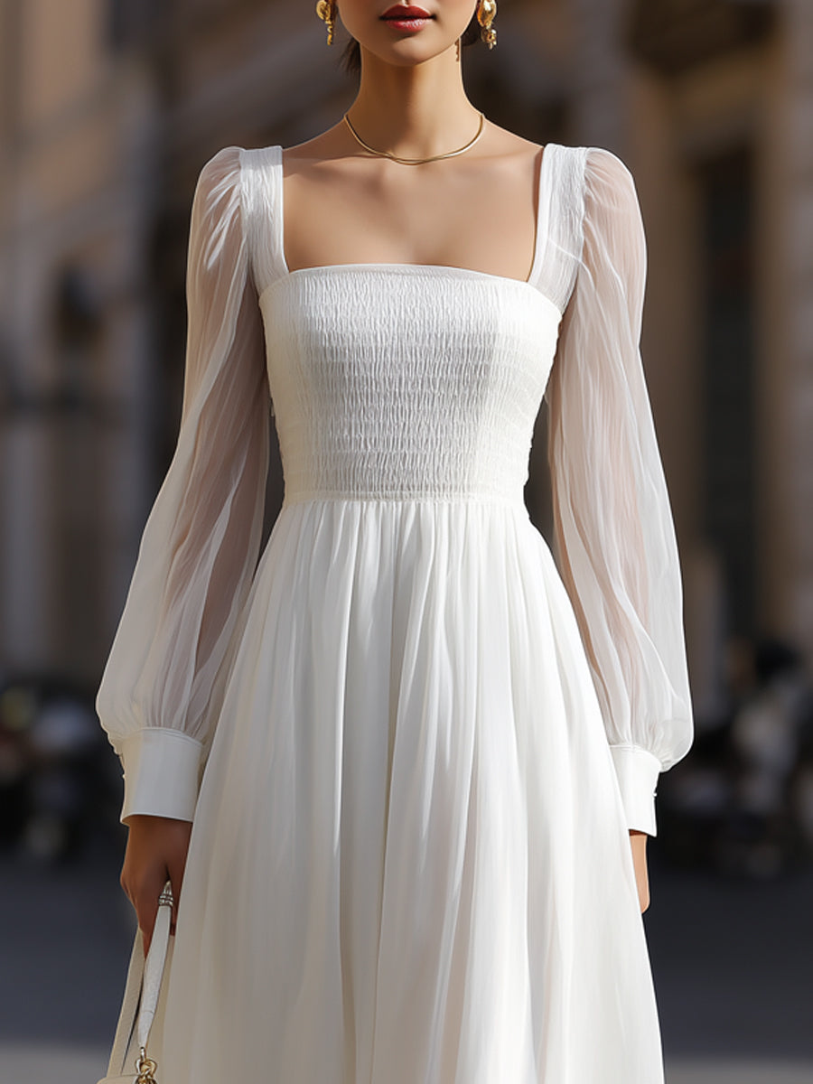 Muse & Valeur | Square Neck Smocked Bodice Sheer Sleeve Midi Dress