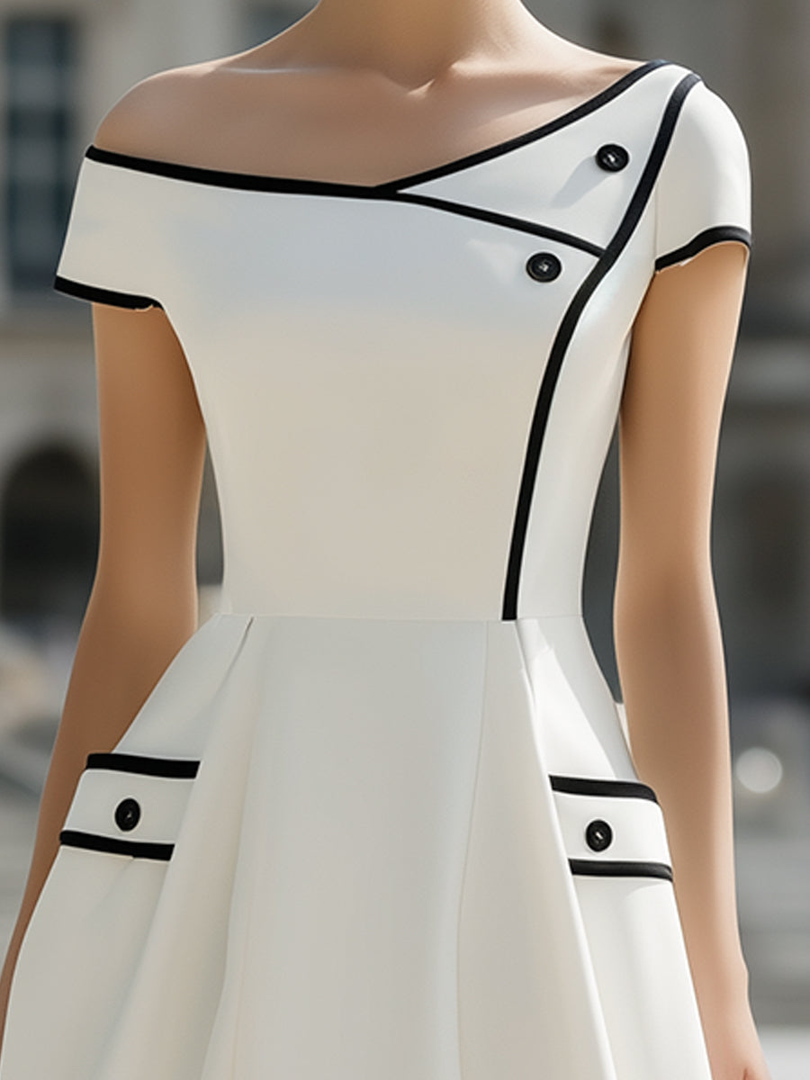 Muse & Valeur | Contrast Trim Off-Shoulder Structured A-Line Dress