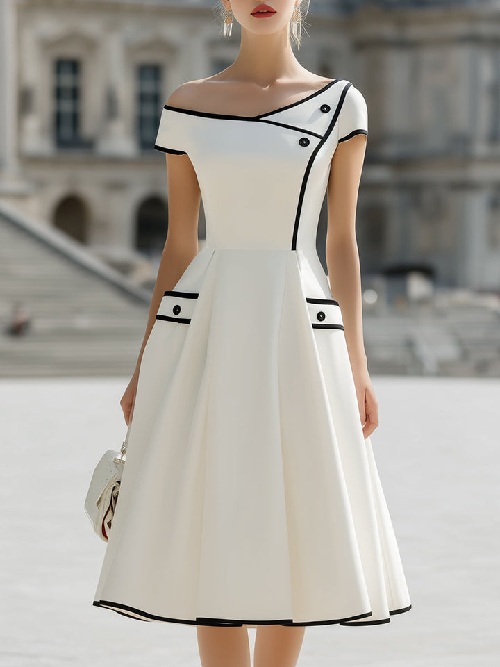 Muse & Valeur | Contrast Trim Off-Shoulder Structured A-Line Dress