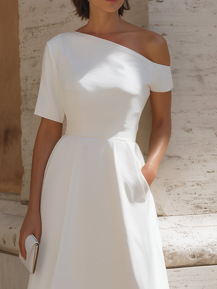 Muse & Valeur | Asymmetric One-Shoulder Short-Sleeve Fit-and-Flare Midi Dress